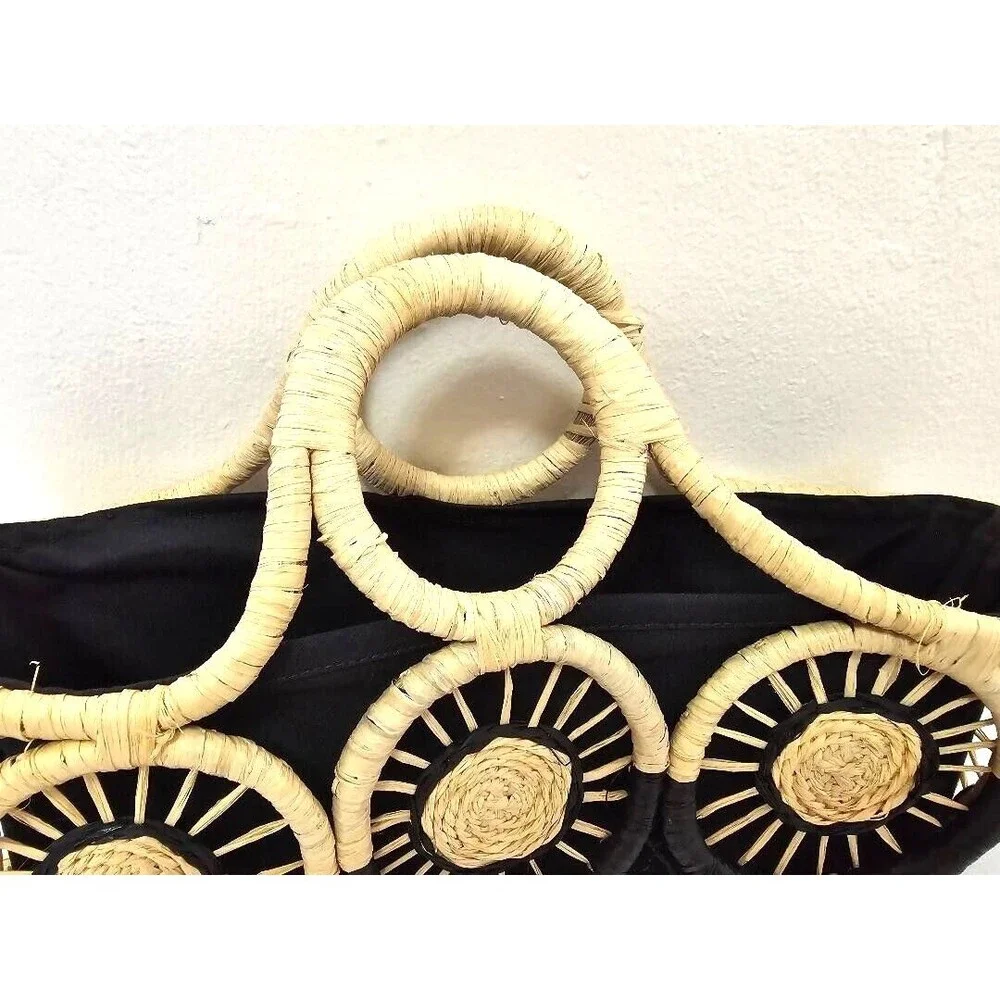 Tommy Bahama Women's Black Tan Medallion Straw Ring Handle Basket Tote B…